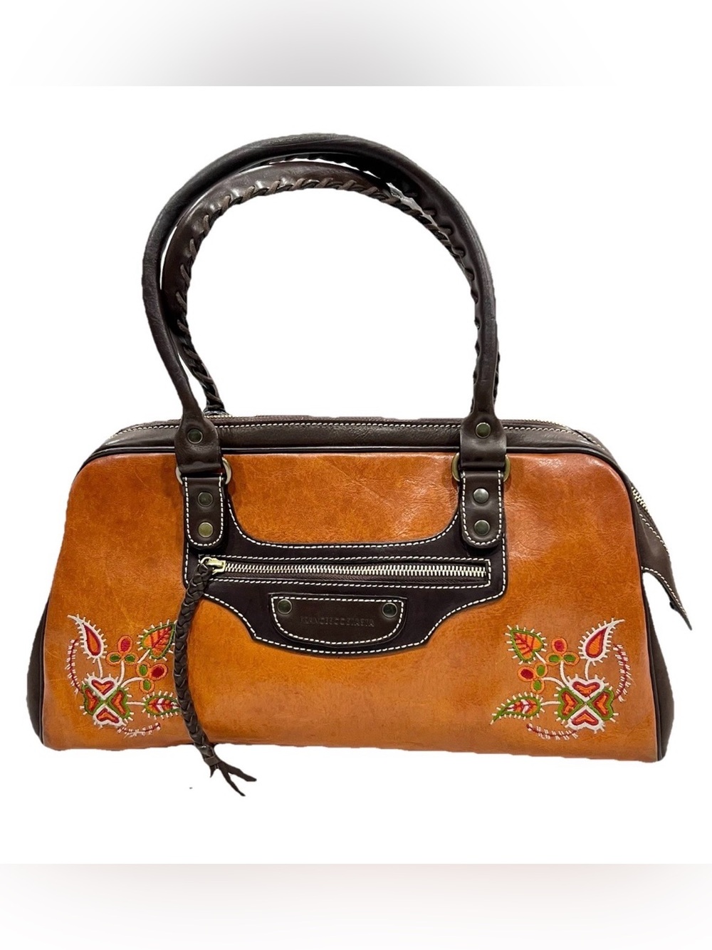 Francesco Biasia Saddle Leather Hand Bag Embroidered Boho Y2K